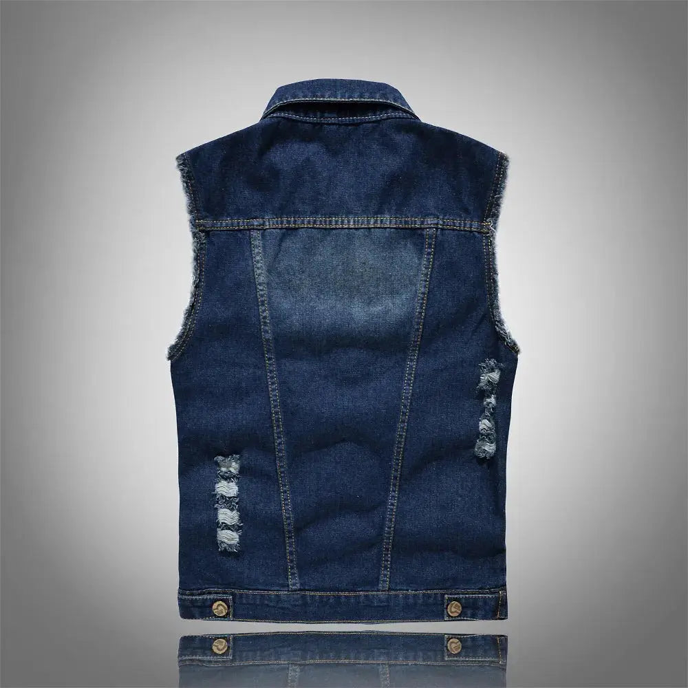 Men's denim sleeveless vest back view in dark blue with distressed patches and contrast stitching