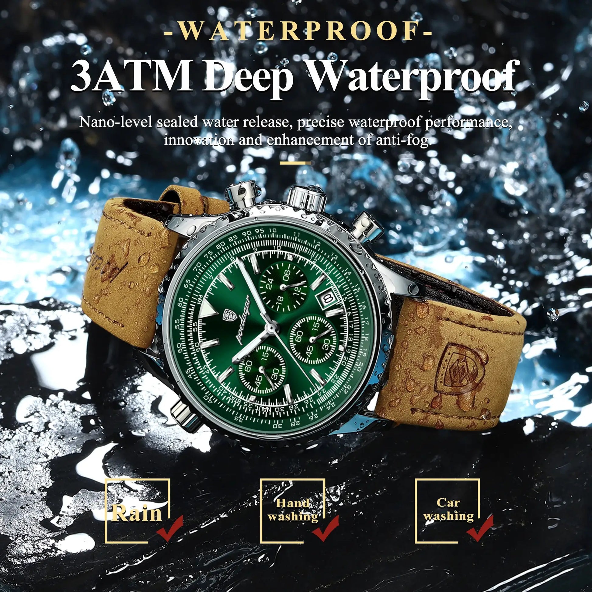 POEDAGAR men's waterproof wristwatch with green dial, brown leather strap, chronograph