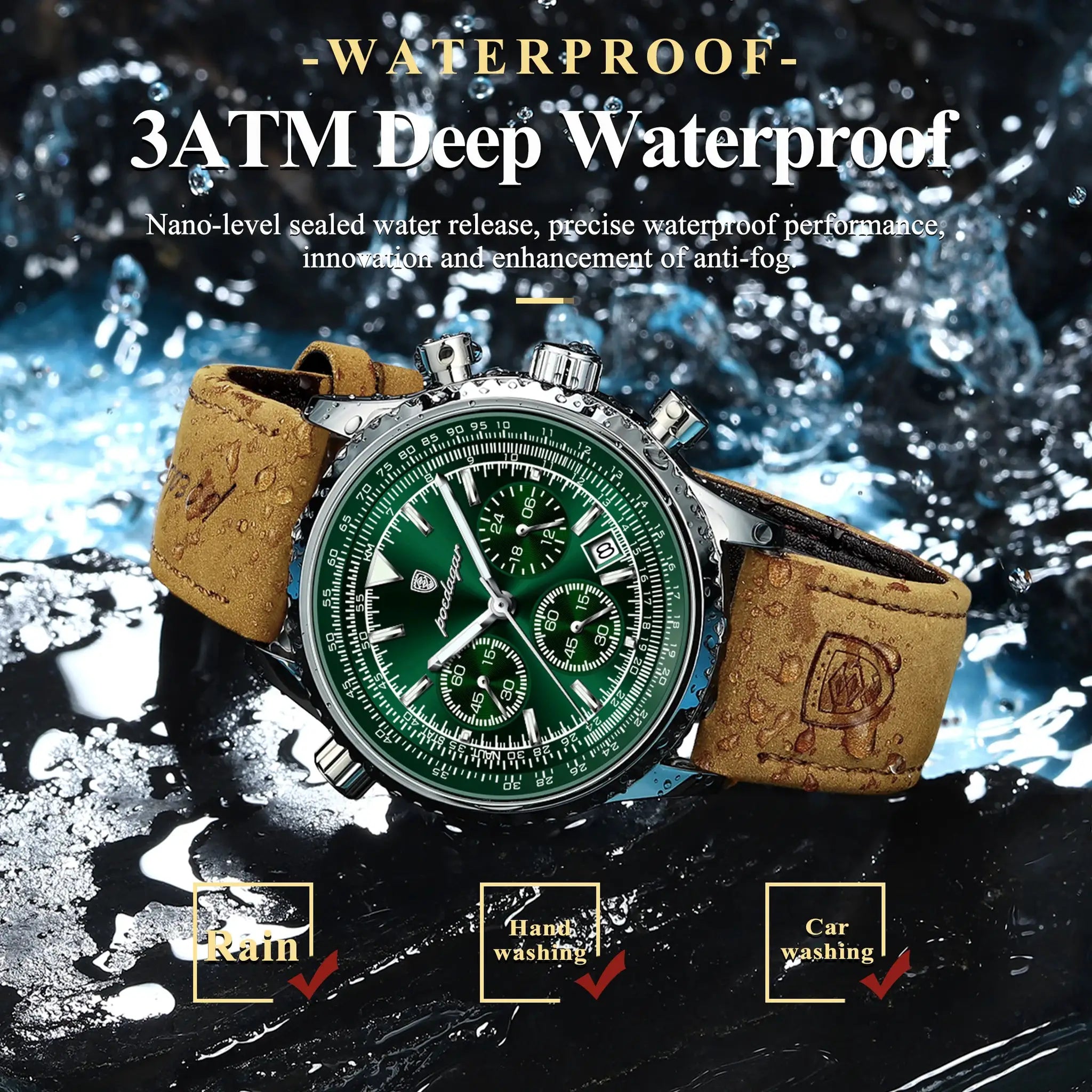 POEDAGAR men's waterproof wristwatch with green dial, brown leather strap, chronograph