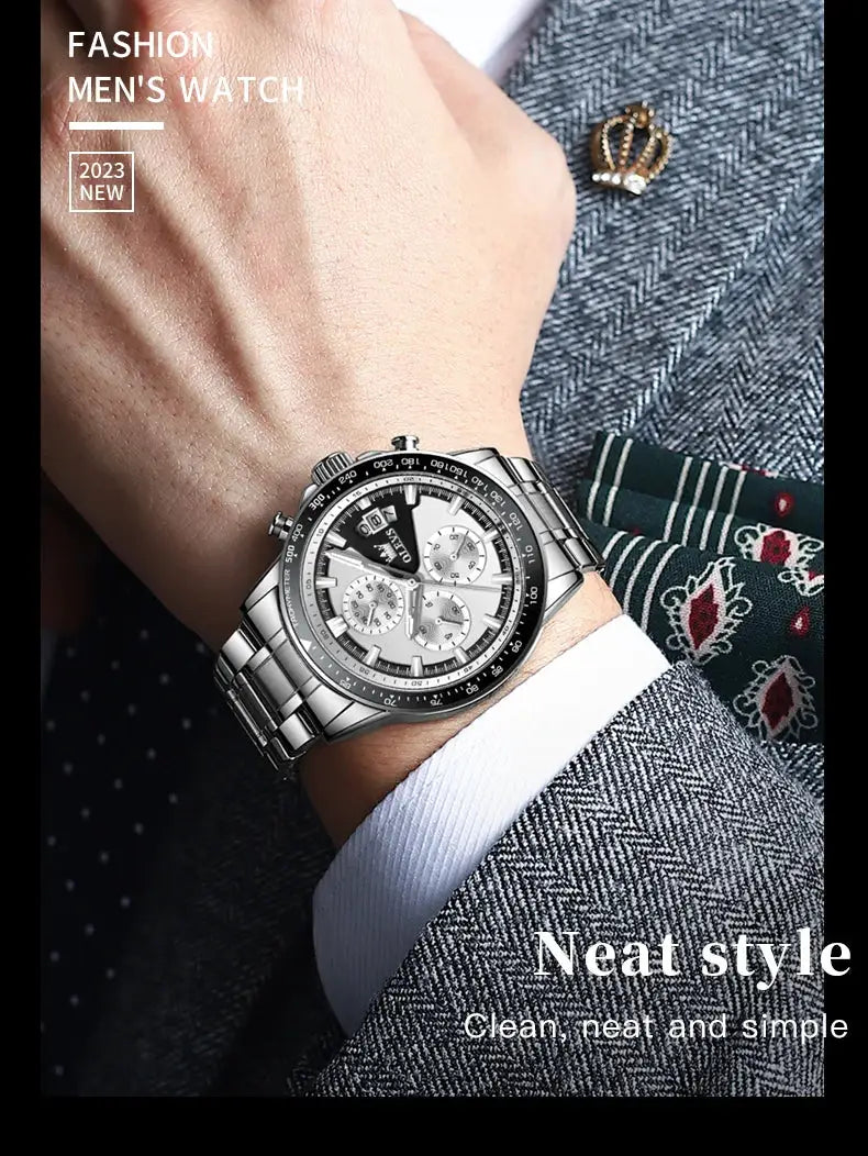 OLEVS TY705 men's stainless steel chronograph watch with silver dial and black bezel worn on wrist