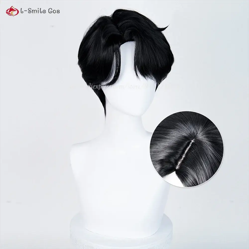 Cosplay Wig by Simples Market, black heat-resistant synthetic short wig with side fringe.