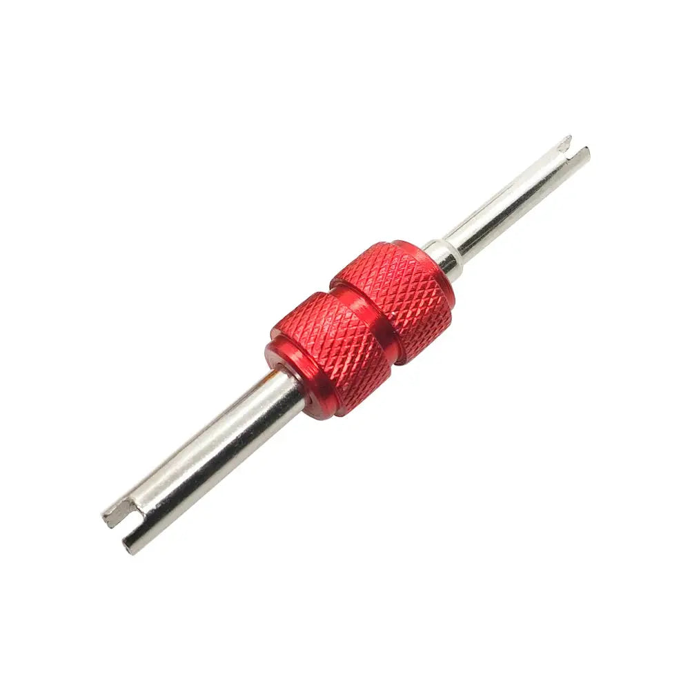 Valve core remover tool, red knurled aluminum grip, dual-ended shaft