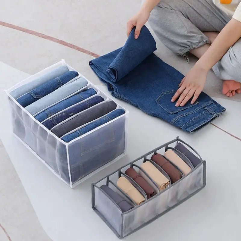 Simples Market organizer storage boxes (2) for jeans and underwear; white mesh large box and gray mesh small box