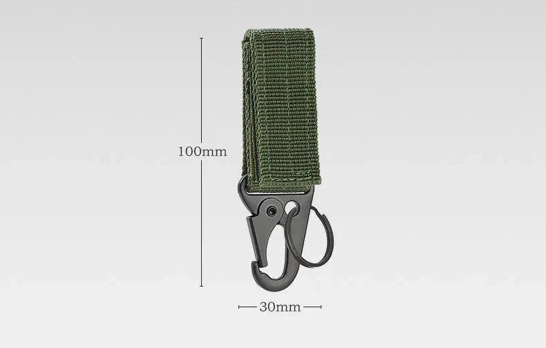 Carabiner high-strength nylon key hook with green MOLLE strap by Simples Market, 100mm tall, 30mm wide