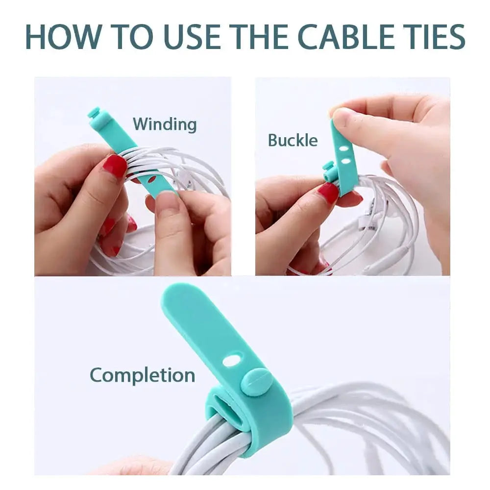 Cable tie cord organizer by Simples Market; teal silicone reusable wire holder with buckle.