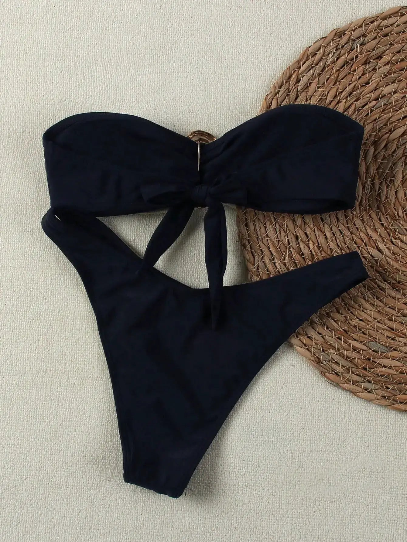 Simples Market 2026 Sexy Bandeau Push-Up Bikini Set in black; bandeau top with center knot and Brazilian thong bottoms