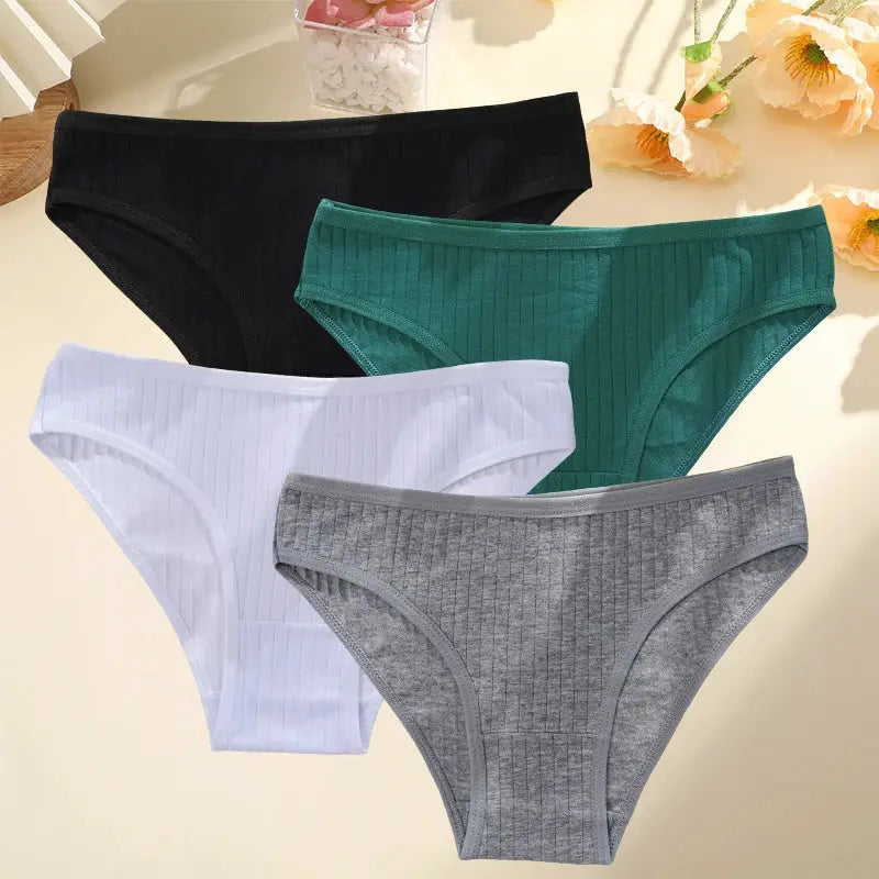4-pack women's cotton briefs with ribbed stripes in black, green, white, and gray