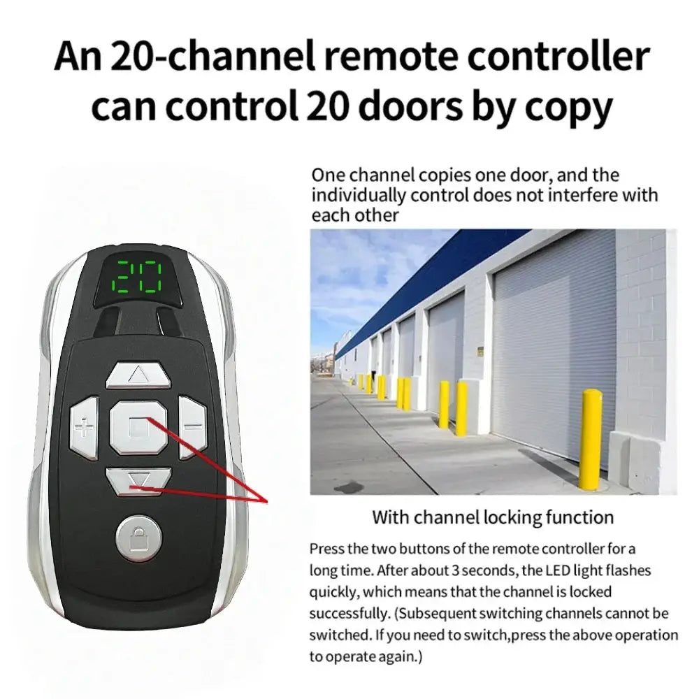 20-channel rechargeable garage door remote controller, black handheld with green LED display