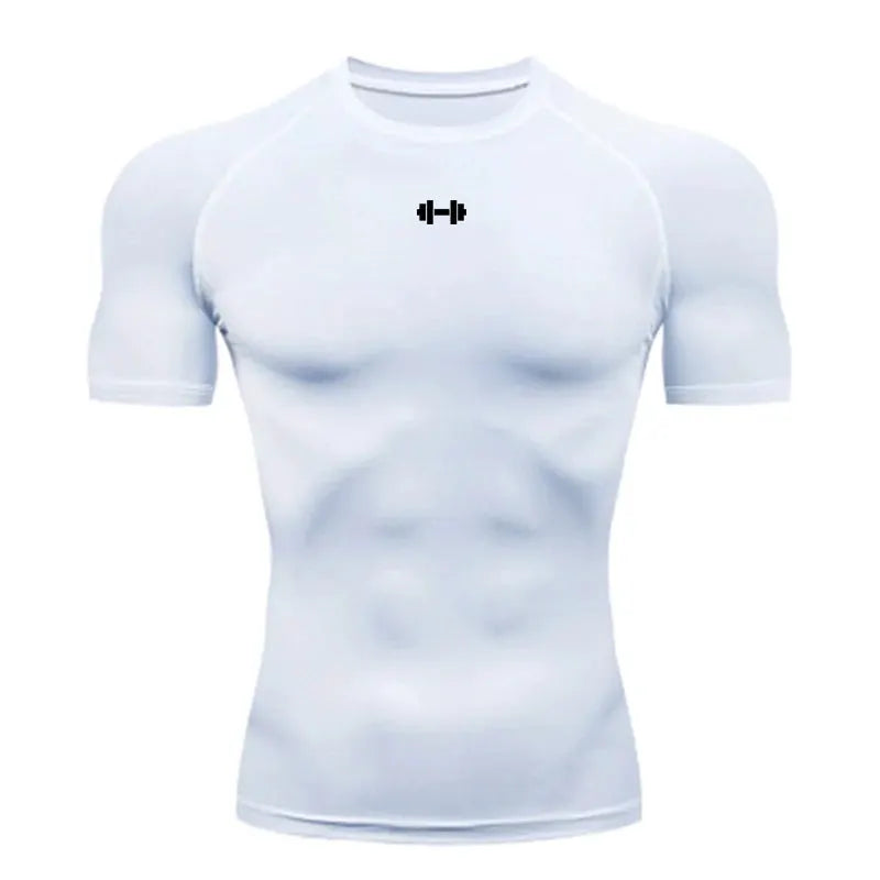 Men's compression T-shirt, white quick-dry athletic top with a black dumbbell logo