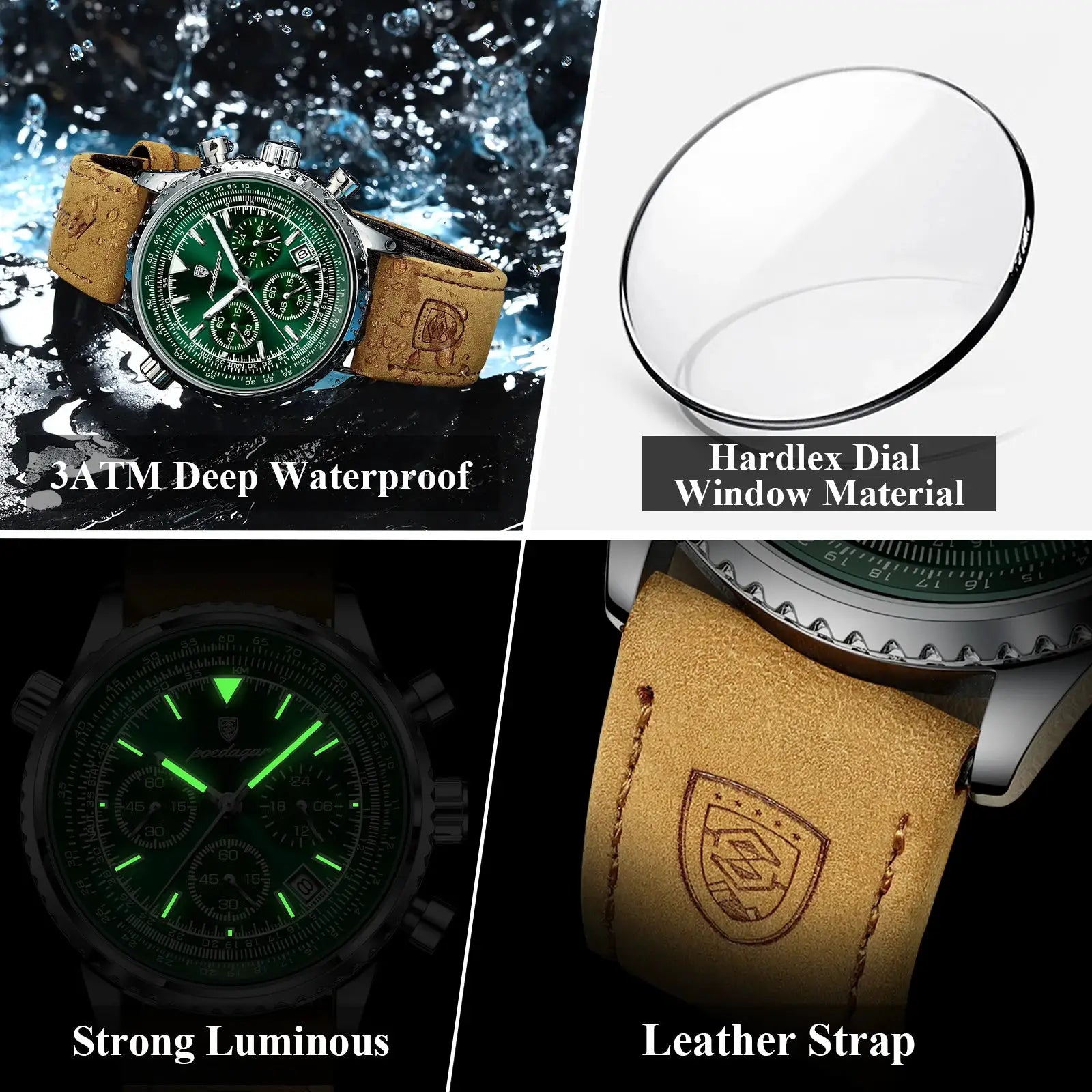POEDAGAR men's wristwatch with green dial and brown leather strap.
