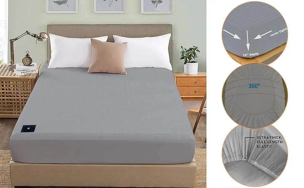 MAXSHARER earthing fitted sheet, gray organic cotton with conductive silver fiber, 15-inch deep pocket, 360° elastic