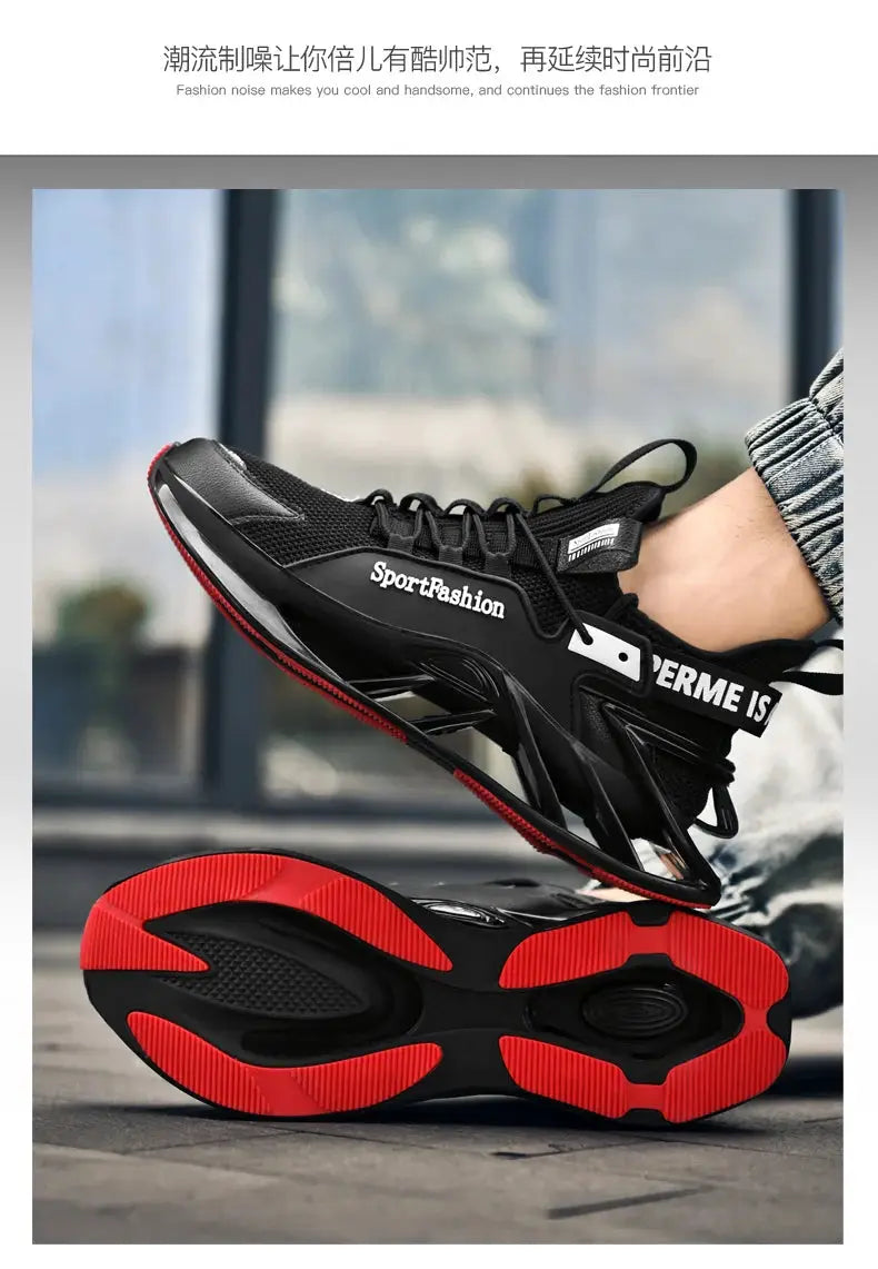 Men's sport sneakers, black with red outsole, breathable mesh, SportFashion branding