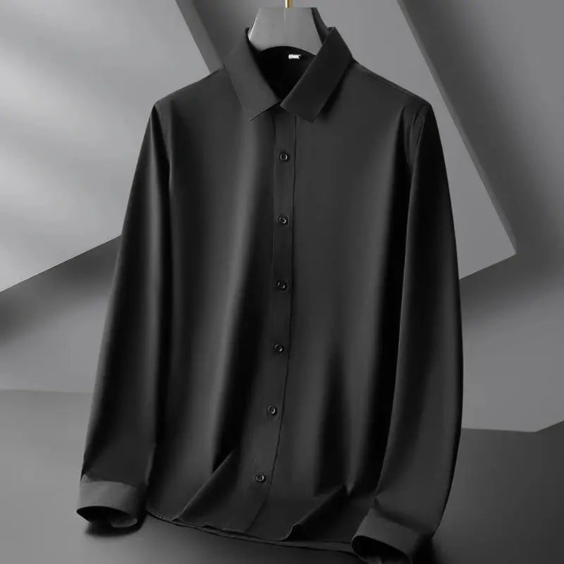 Men's black solid long-sleeve button-down shirt by Simples Market, wrinkle-resistant.