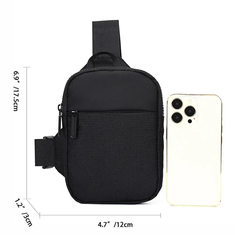 Mini chest bag crossbody in black nylon, waterproof, for outdoor running and travel; compact 12 cm wide.