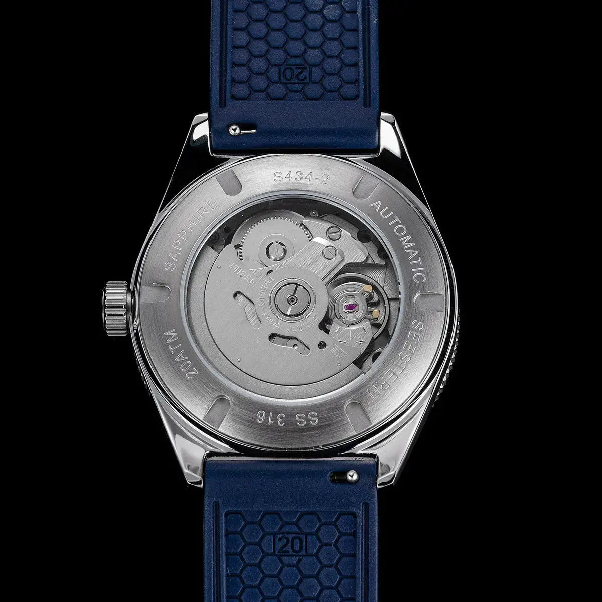 SEESTERN diver watch for men; blue strap, automatic NH35A movement, sapphire crystal, 200m water resistant.