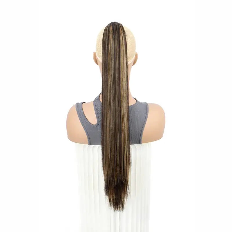 Clip-on ponytail hair extension, 24-inch synthetic long straight in brown with blonde highlights (heat resistant)