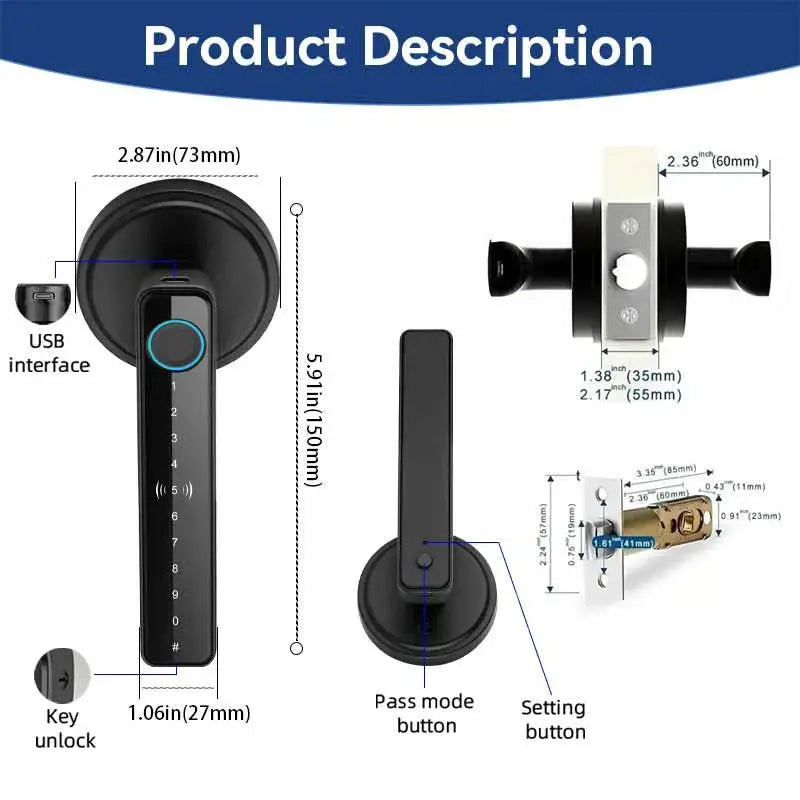 Simples Market Tuya handle fingerprint keypad smart door lock, black finish with USB interface