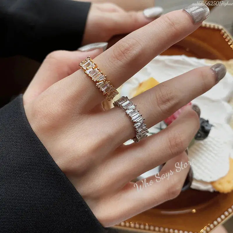 MoonBIFFY Zircon Rings For Women; two rings in gold-tone and silver-tone stainless steel with baguette zircon stones
