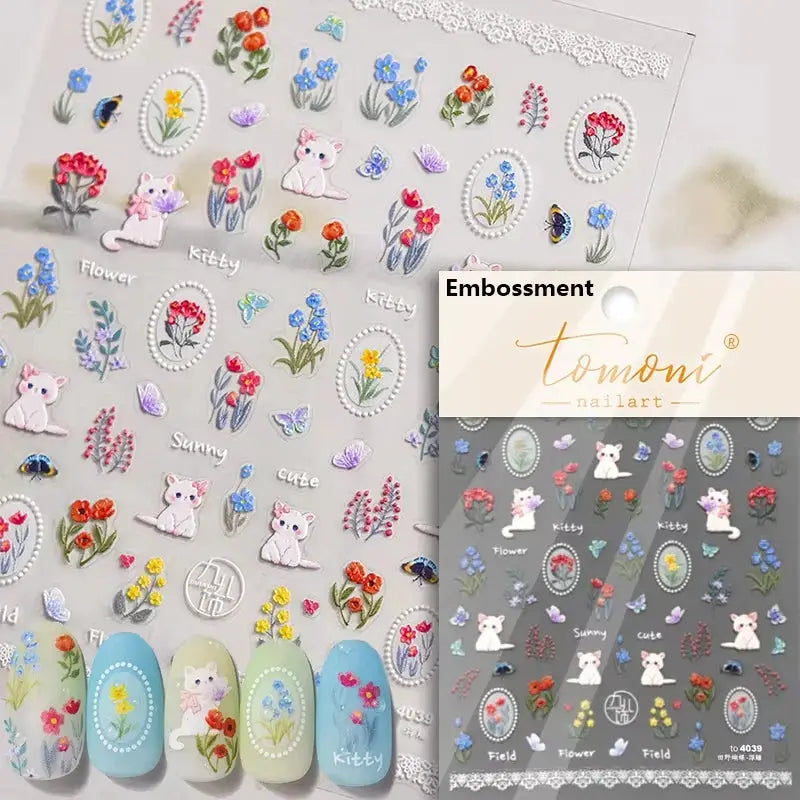 Pink translucent jelly-textured 5D self-adhesive nail art stickers with flowers, fruit and kittens; Simples Market
