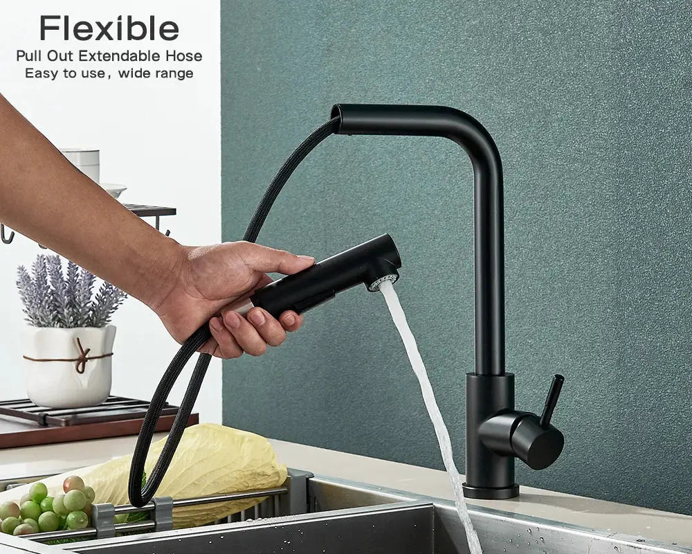 Rozin black kitchen faucet with pull-out flexible hose, 360° rotation, hot/cold water mixer