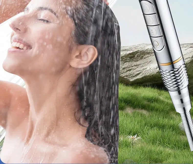 Simples Market handheld shower head with 4 modes, high-pressure, water-saving and filter, chrome finish.
