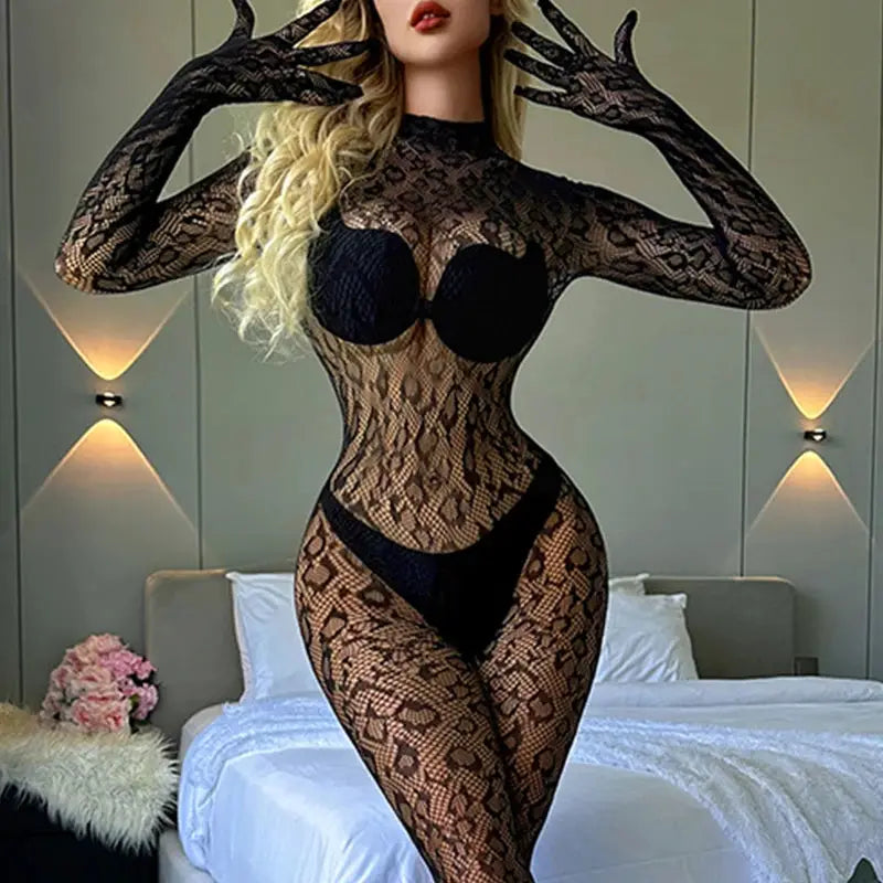 LaceNova Leopard Print Mesh Bodystocking See Through Crotchless Backless Full Sleeve Lingerie Bold Silhouette