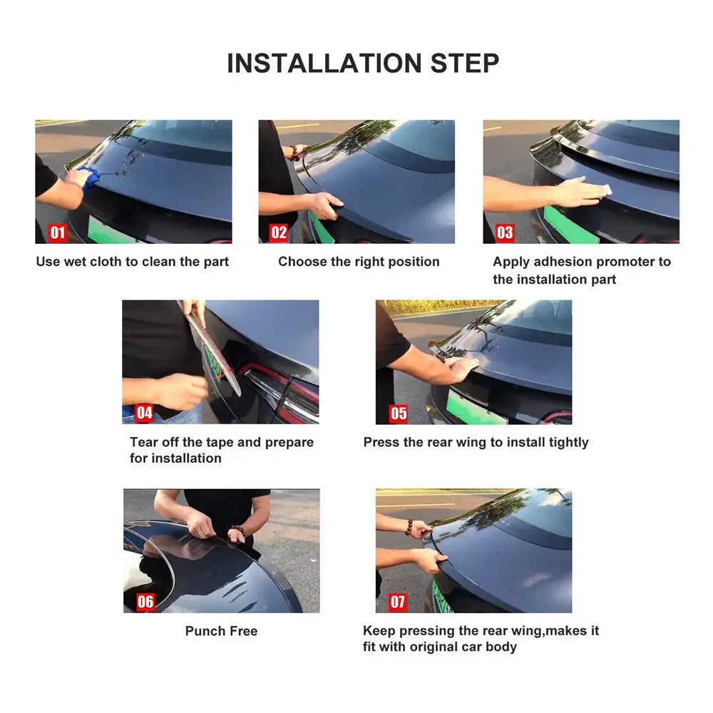 Black rear spoiler for Tesla Model 3/Y with seven-step installation guide illustrations