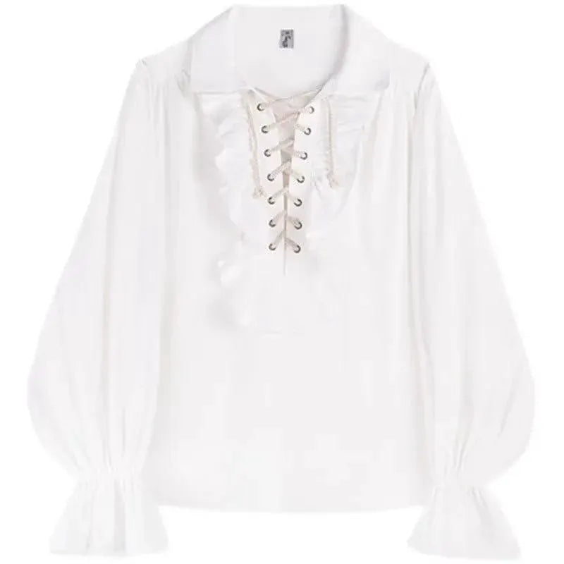 Ouji Womens Victorian Gothic Blouse Ruffled Front With Adjustable Lace Up Closure