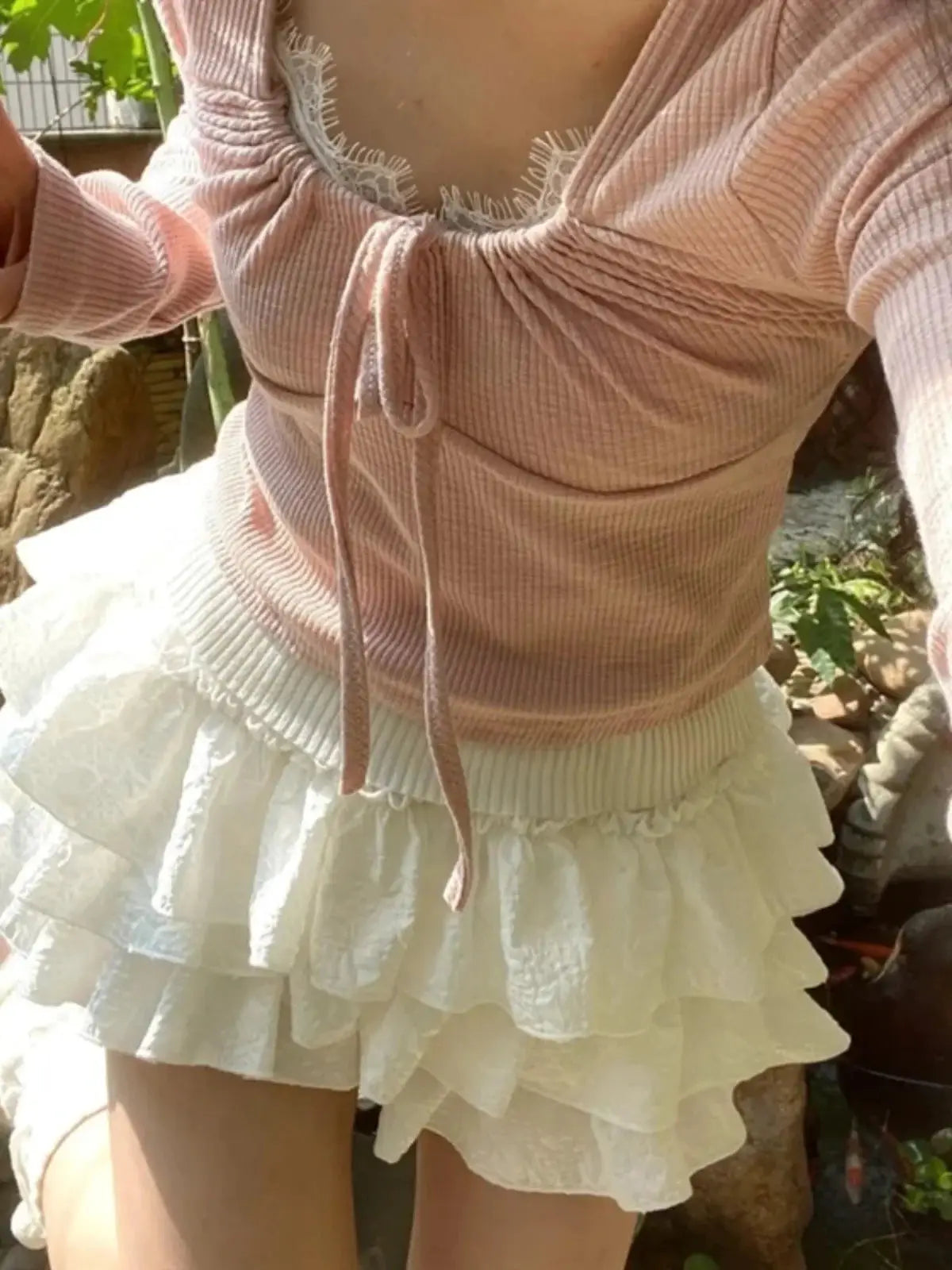 Kawaii layered mini skirt with ruffles in cream, high-waist elastic waistband