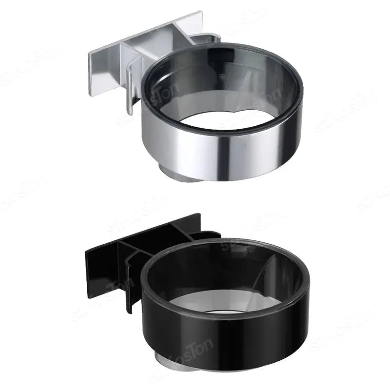 Two Simples Market hair dryer holder racks, chrome and black finishes, adhesive wall-mounted bathroom organizer