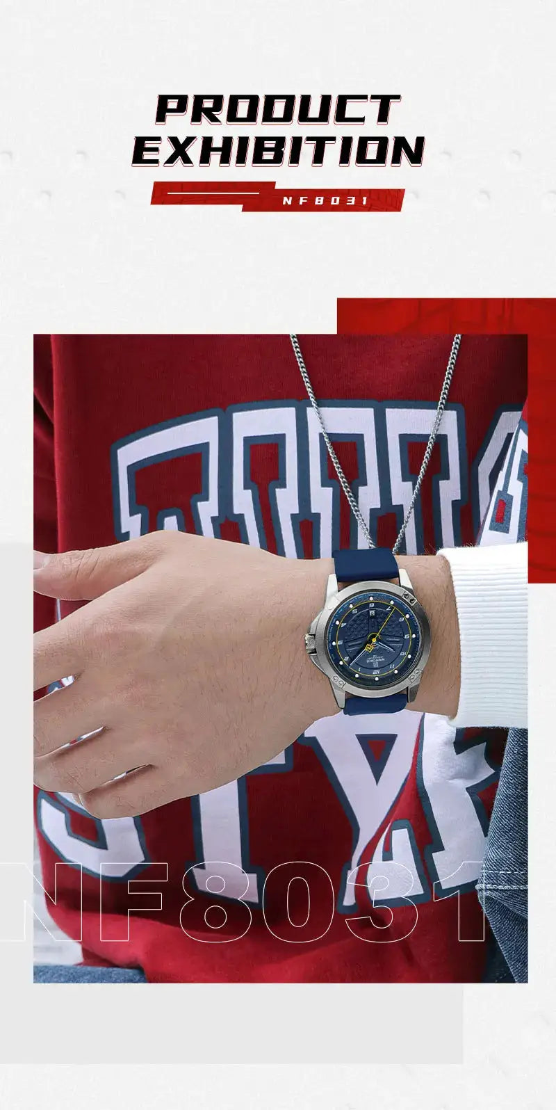 NAVIFORCE men's quartz wristwatch with blue silicone strap and silver case
