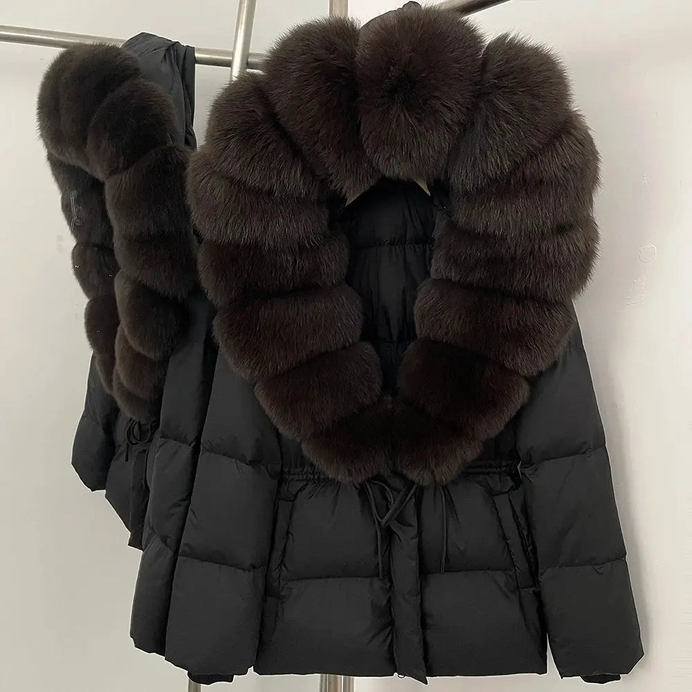 Womens Real Fox Fur Collar Duck Down Coat With Raccoon Fur Trim Hooded Puffer Jacket