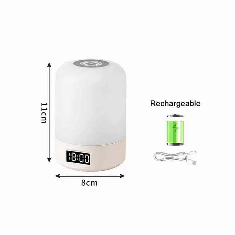 Simples Market LED bedside night lamp with dimmable touch control, white shade, beige base, digital clock, USB charging cable