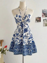 AzureVoyage Romantic Floral Print Halter Neck Dress Flattering A Line Silhouette For Effortless Vacation Style