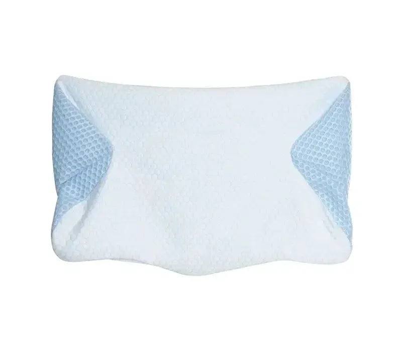 Cervical butterfly-shaped pillowcase with white center and blue textured side panels; soft, breathable.