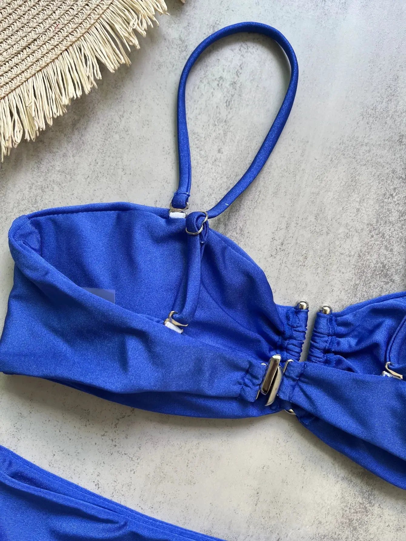 Blue bandeau bikini set with push-up top and matching bottoms, solid beachwear