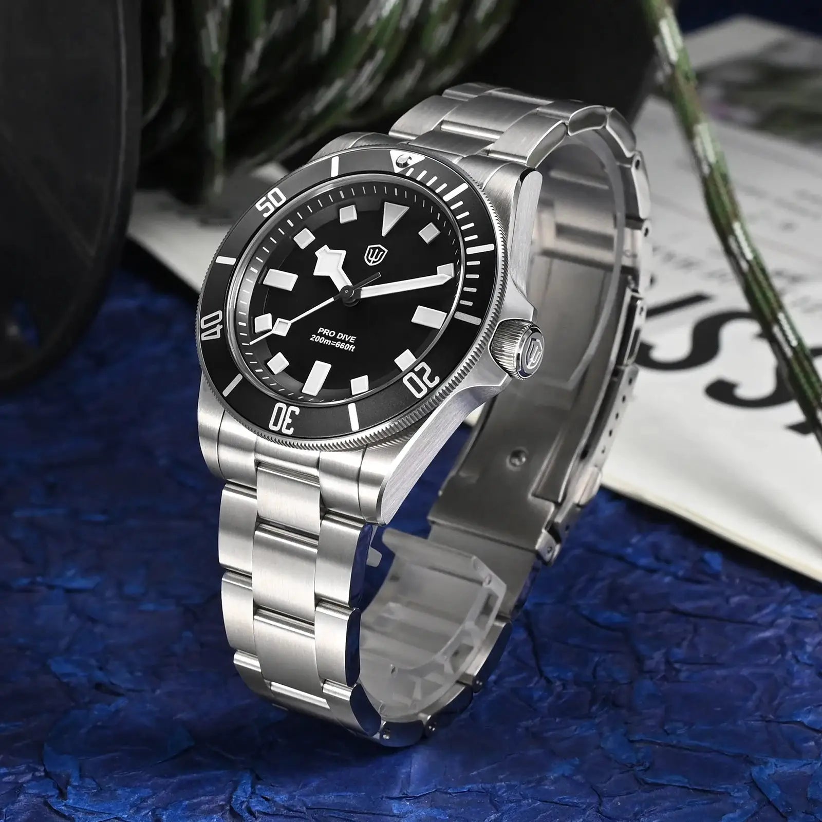 Watchdives WD1969 Pro 38mm stainless steel diver watch with black dial, luminous markers and sapphire glass
