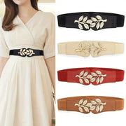 Aurora Women's Elastic Waist Belt With Gold Leaf Closure And Double Hook Buckle With Elegant Secure Fit