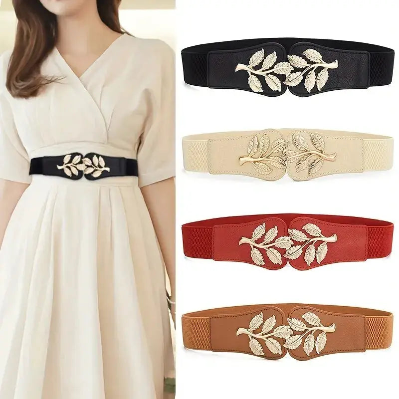 Aurora Women's Elastic Waist Belt With Gold Leaf Closure And Double Hook Buckle With Elegant Secure Fit