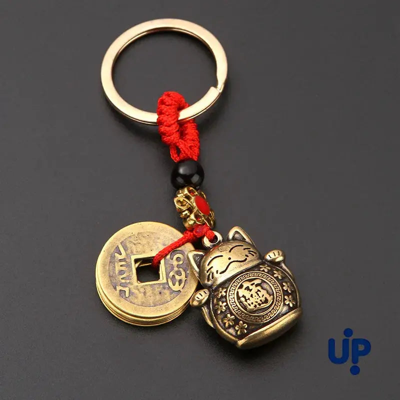 Vintage Pure Handmade Car Keychain Lucky Cat With Five Emperors Coins Maneki Neko Alloy Gold Tone Key Ring