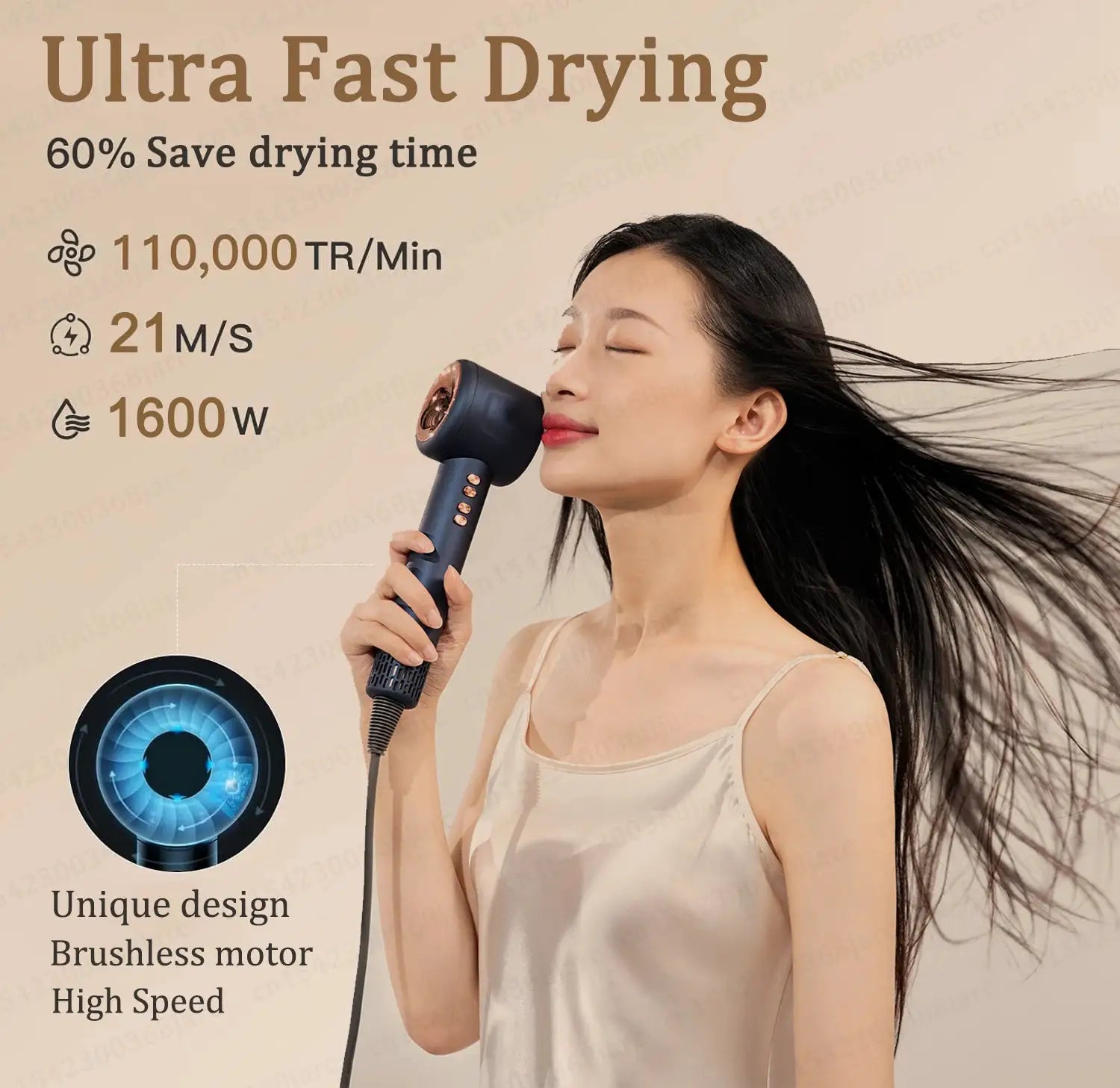 Simples Market Super Hair Dryer 220V with negative ion brushless motor, navy blue handle