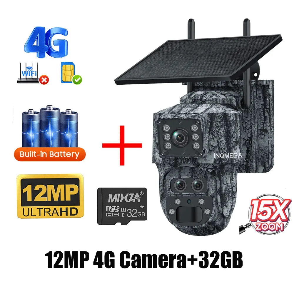 INQMEGA 5MP solar PTZ CCTV camera with built-in battery, WiFi/4G SIM, camo finish