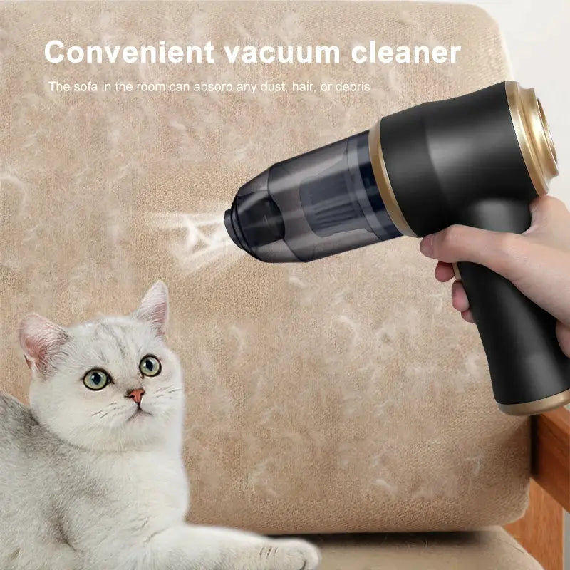 Wireless handheld vacuum cleaner with translucent dust canister; compact black and gold design.