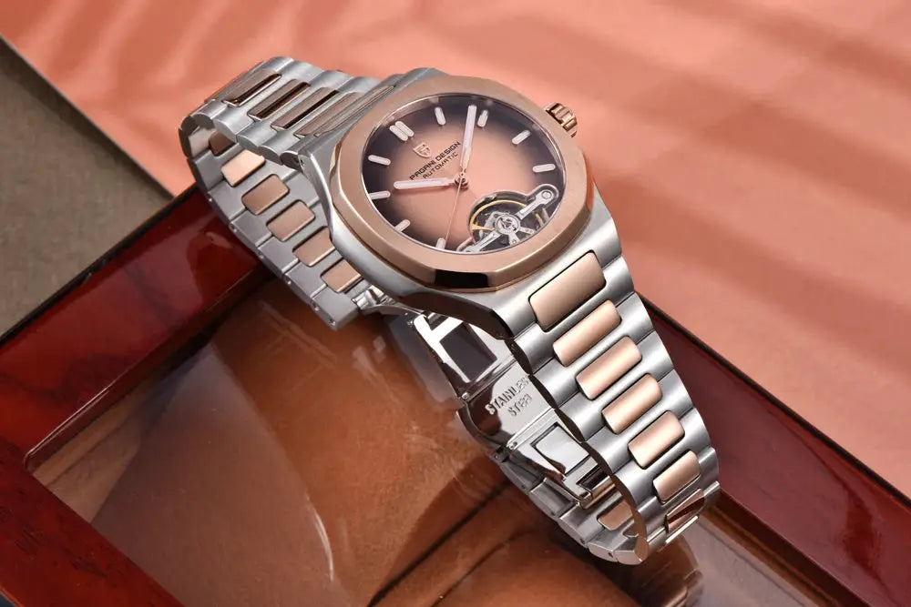 PAGANI DESIGN men's skeleton automatic wristwatch, stainless steel with rose-gold bezel and two-tone bracelet.