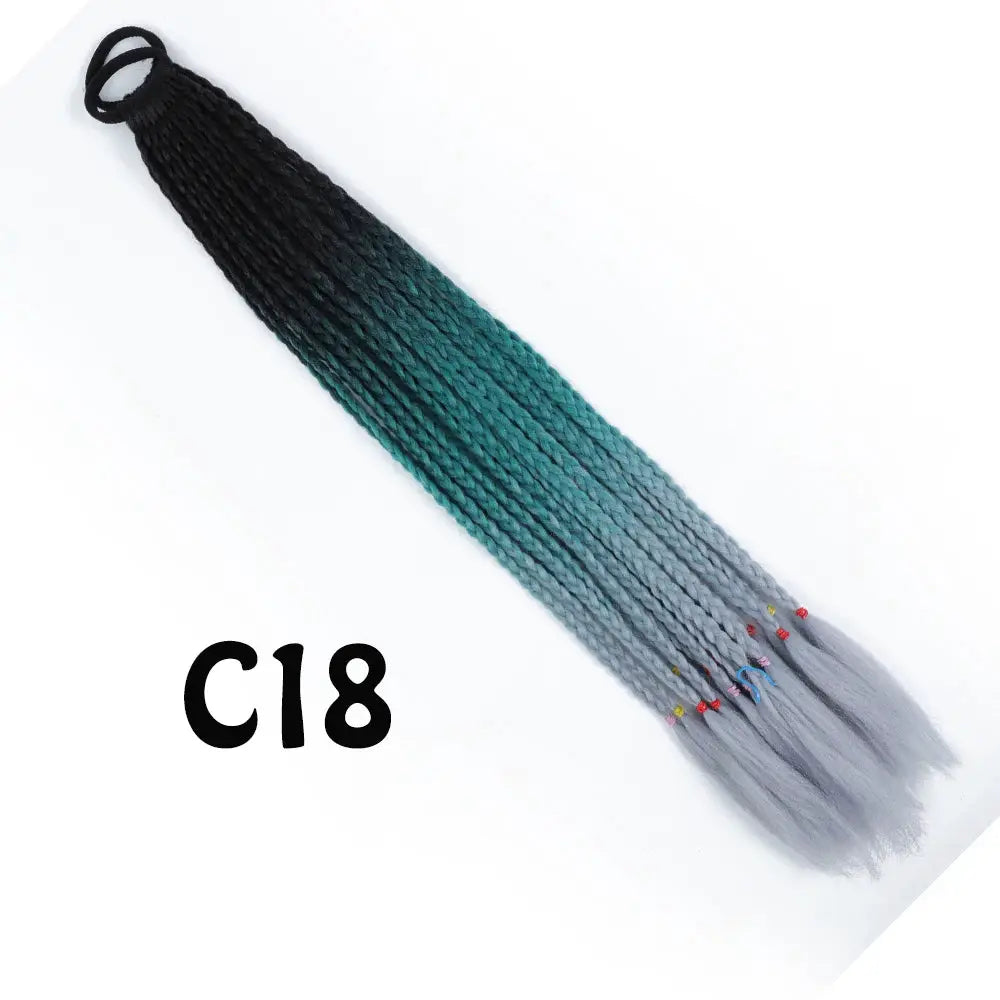 Simples Market synthetic gradient braided ponytail extension with elastic band, 24in, black-to-teal-to-grey braid.