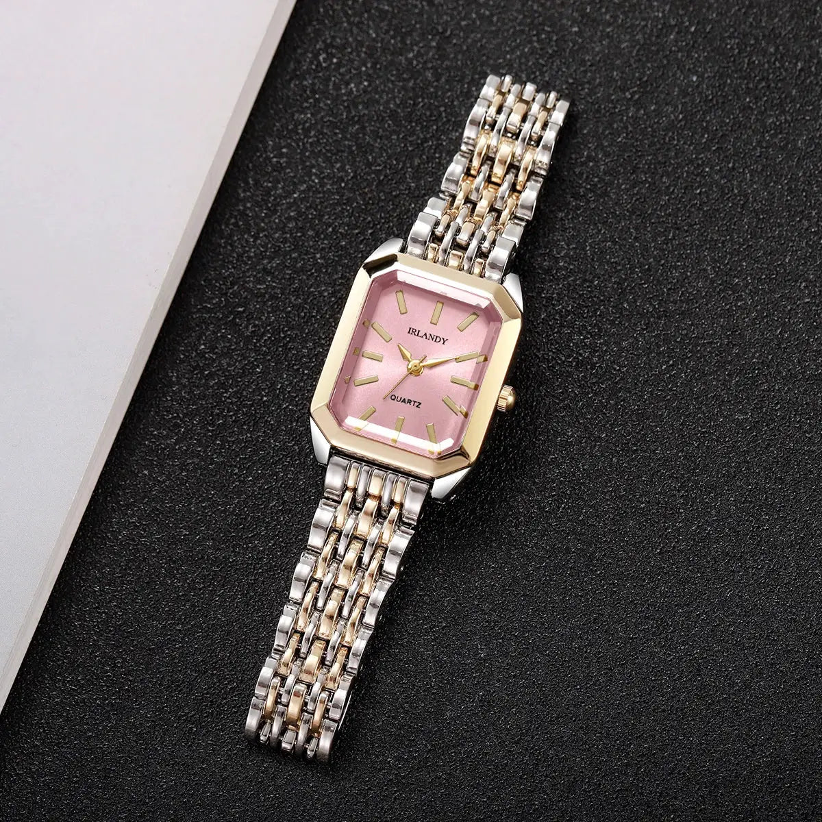 Rectangular women's wrist watch IRLANDY with pink dial, gold bezel, two-tone steel strap, quartz movement
