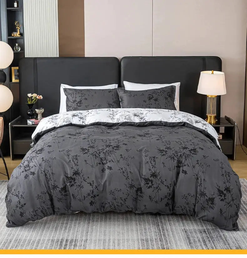 3pc Zhusheng Kongye pattern print duvet cover set, dark gray floral design; includes duvet cover and 2 pillowcases