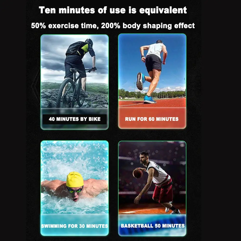 Simples Market USB rechargeable abdominal muscle trainer; four panels show biking, running, swimming and basketball.