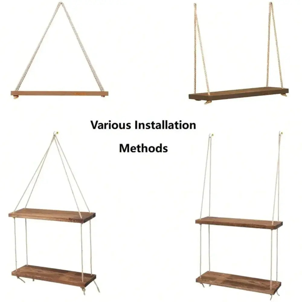 Simples Market wood hanging shelf with hemp rope, floating wall plant shelf