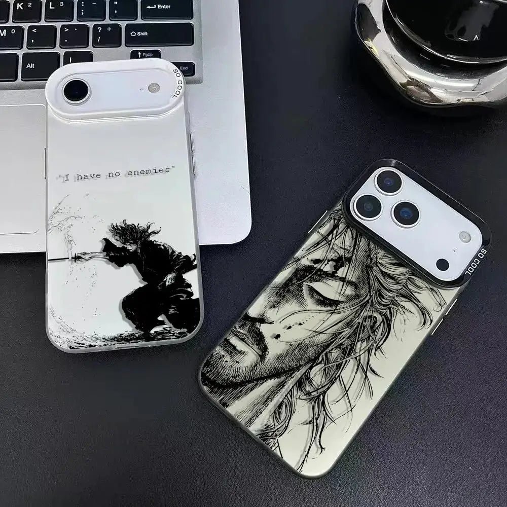 Phone cases for iPhone; two anime designs in white and black-and-white with samurai and portrait artwork, matte finish